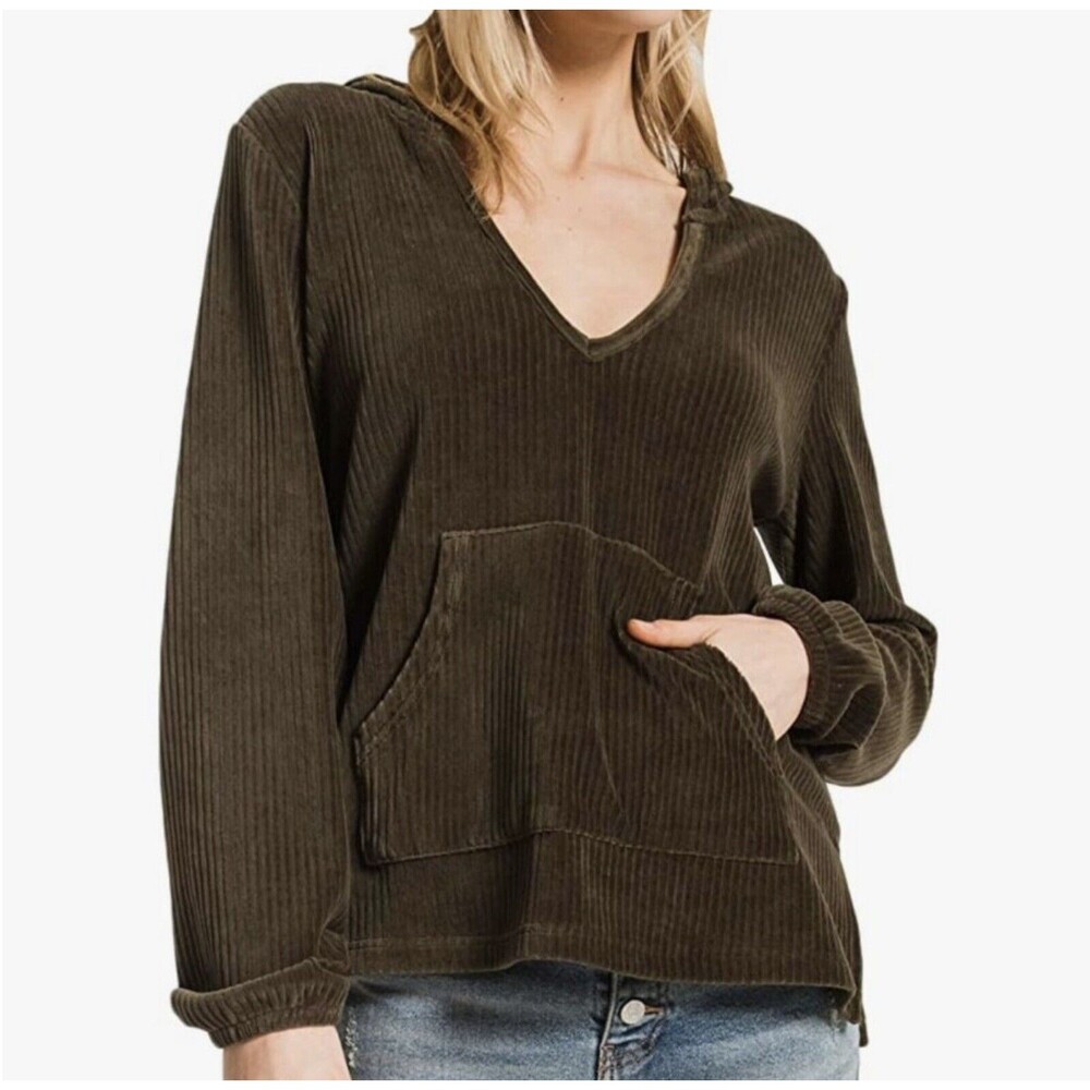 Z Supply Wide Wale Corduroy Long Sleeve Pullover Hoodie Green S